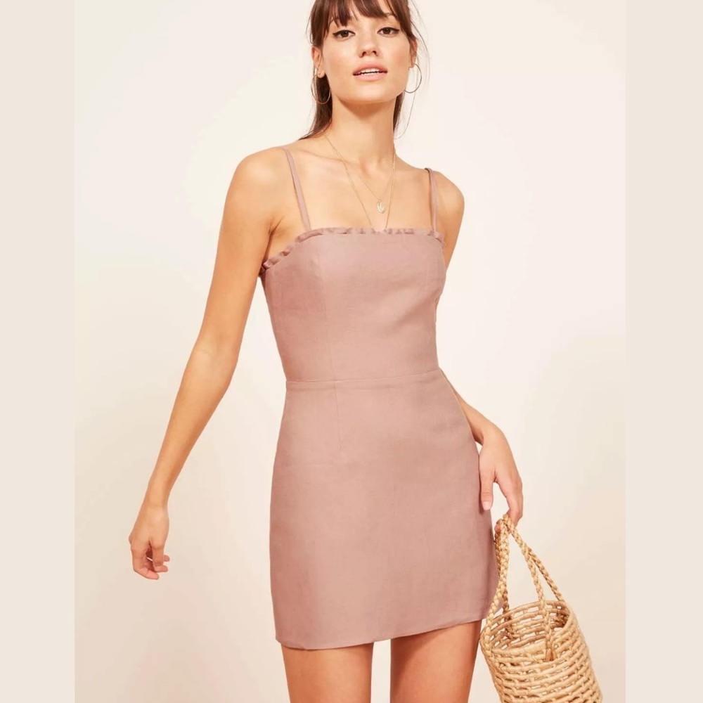 REFORMATION NWT Ava Ruffle Linen Smock Mini Dress